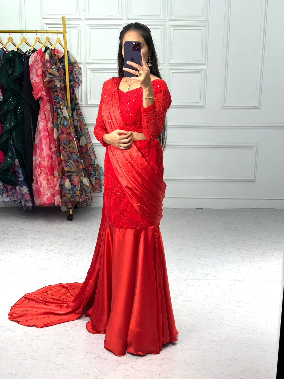 GEOGETTE AND SATIN FABRIC RED COLOUR SEQUNCE WORK SAREE