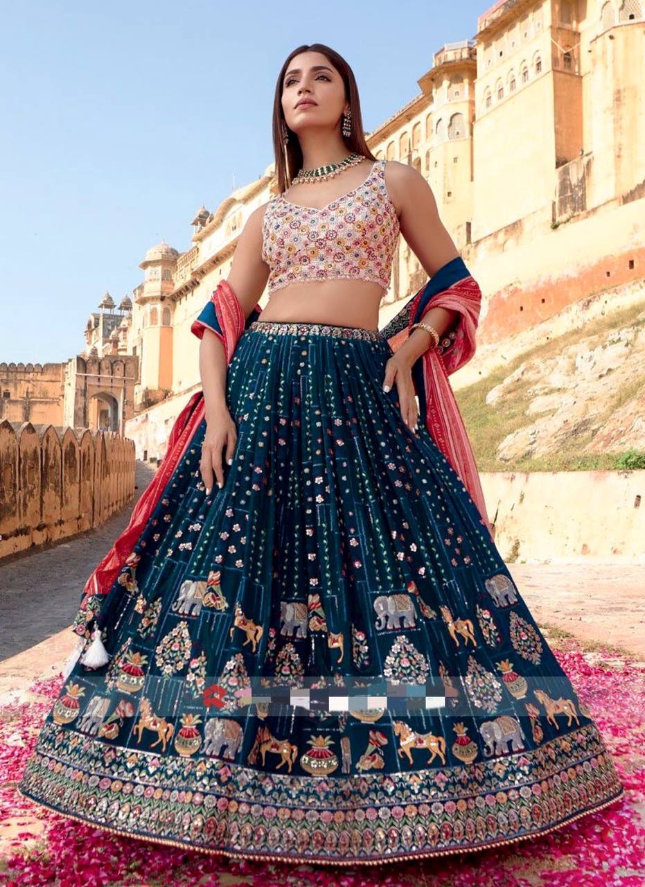 Blue  colour Embroidered Party Wear Silk Lehengacholi KF-3049