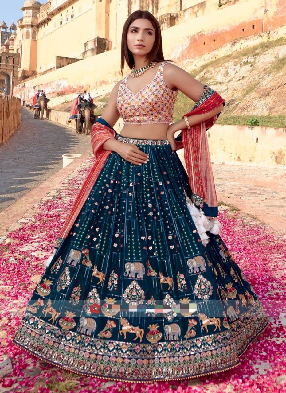 Blue  colour Embroidered Party Wear Silk Lehengacholi KF-3049