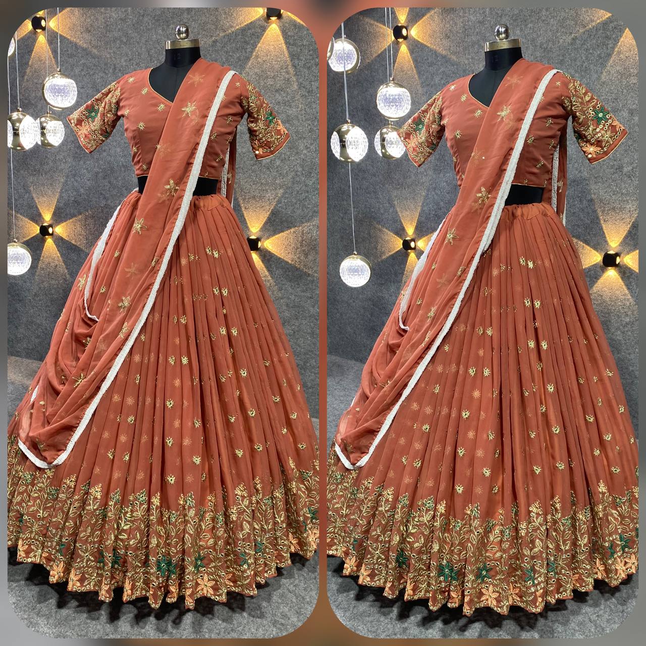 RUST COLORED DESIGNER EMBRIDERED SEQUING WORK LEHENGA CHOLI KF-3044