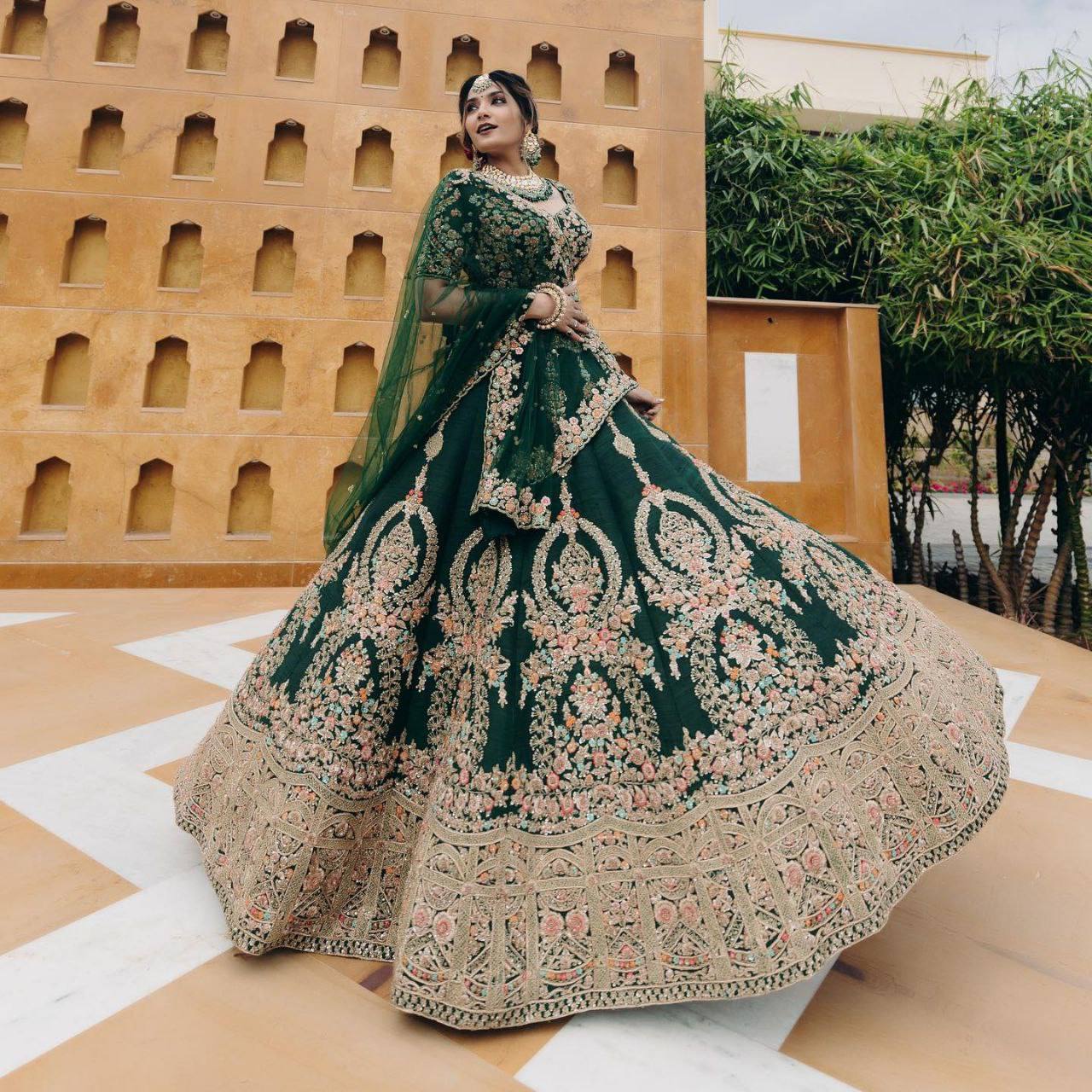 Buy Dark Green Bridal Wear Embroidered Taffeta Silk Lehenga Choli from Designer  Lehenga Choli