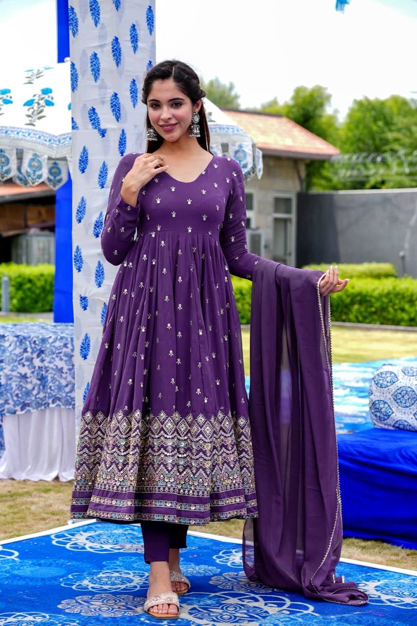 Purple  EMBROIDERED GEORGETTE ANARKALI SUIT SET KF-3057