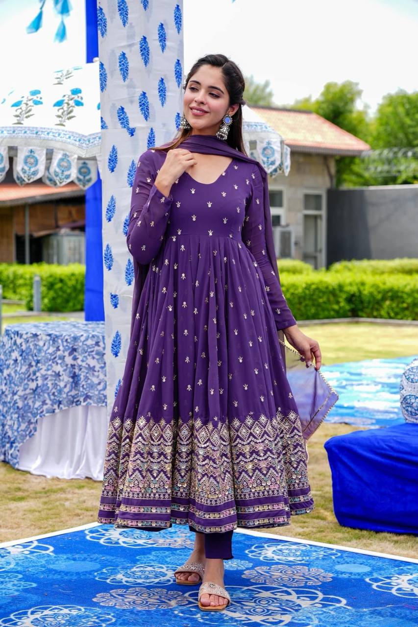 Purple  EMBROIDERED GEORGETTE ANARKALI SUIT SET KF-3057