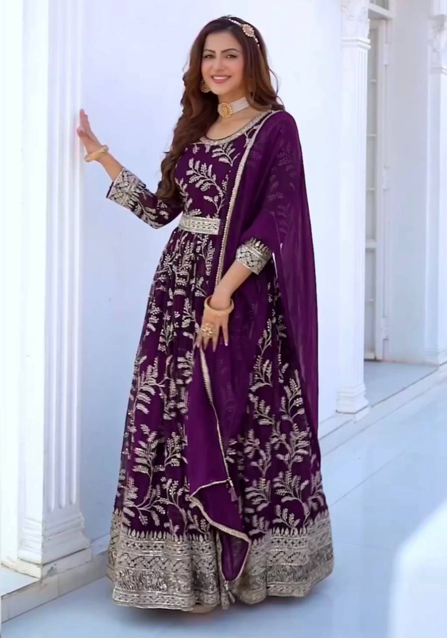 Purple  EMBROIDERED GEORGETTE ANARKALI SUIT SET KF-3034