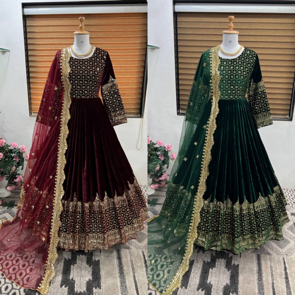 New Designer Party Wear Look Heavy Viscos Velvet With Heavy Embroidery Sequence Work Gown With Dupatta*💥👗👌