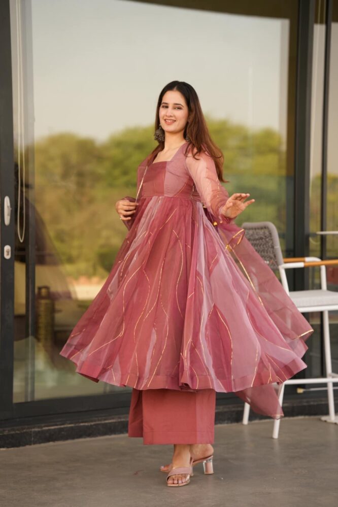 SALMON ORGANZA ANARKALI SUIT SET