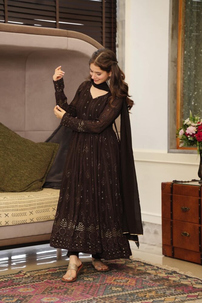 BLACK EMBROIDERED GEORGETTE ANARKALI SUIT SET