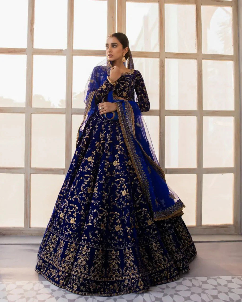 Blue Colored Designer Partywear Velvet Material Lehenga Choli SD 2037