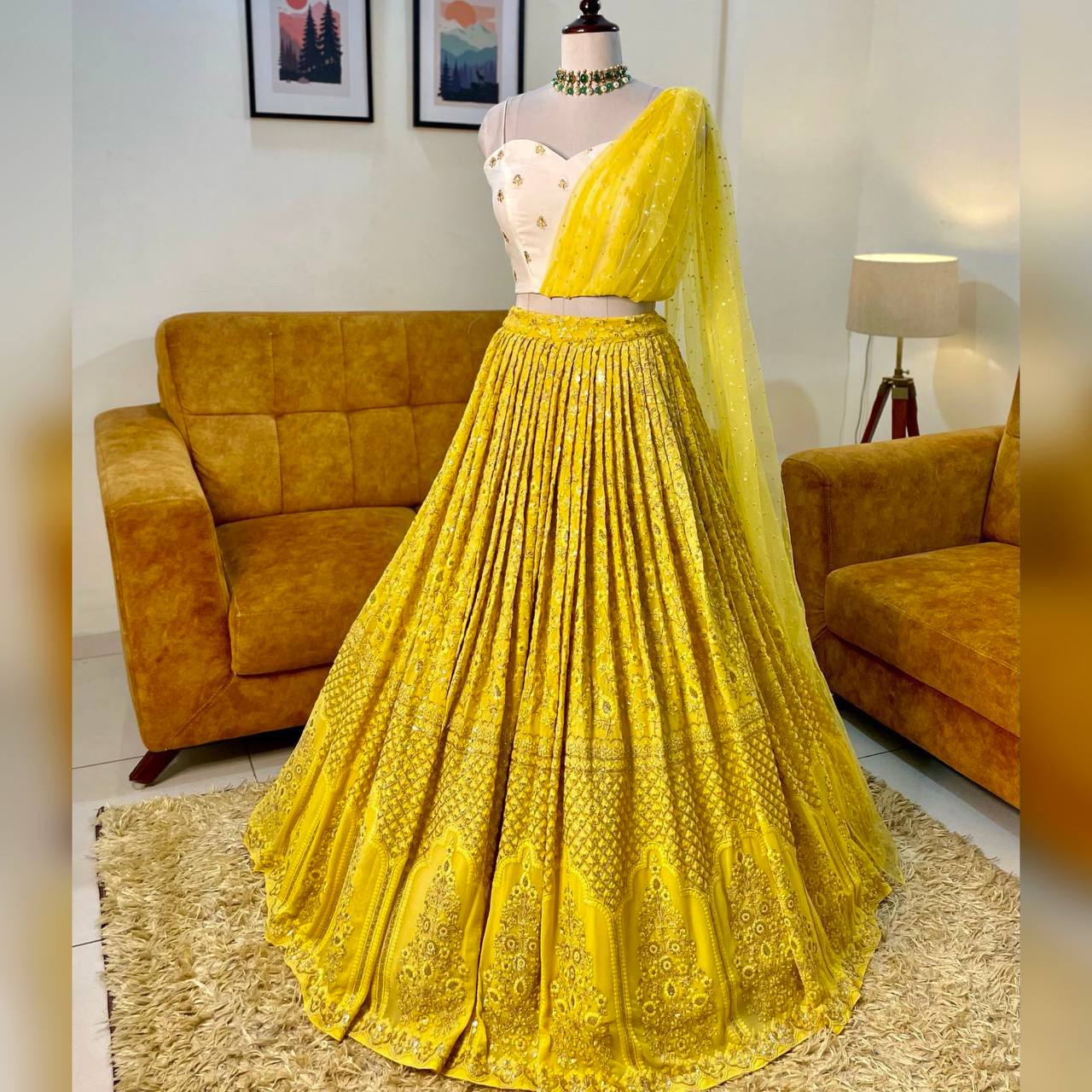 Lemon Yellow Colour Embroidered Party Wear  Lehenga choli SD 1047