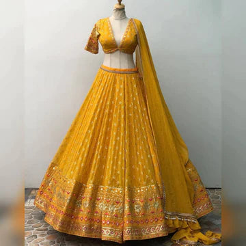 Yellow colour Embroidered Party Wear Silk Lehengacholi SD 1067