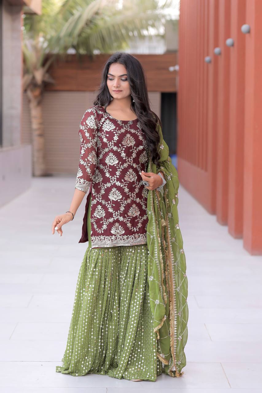 New Designer Party Wear Look Top , Sharara Plazzo And Dupatta SD 1144