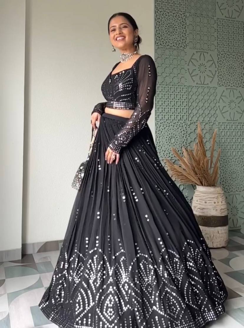 Black Colour & Sequence 9mm Work Embroidered Party Wear Lehengacholi KF- 153