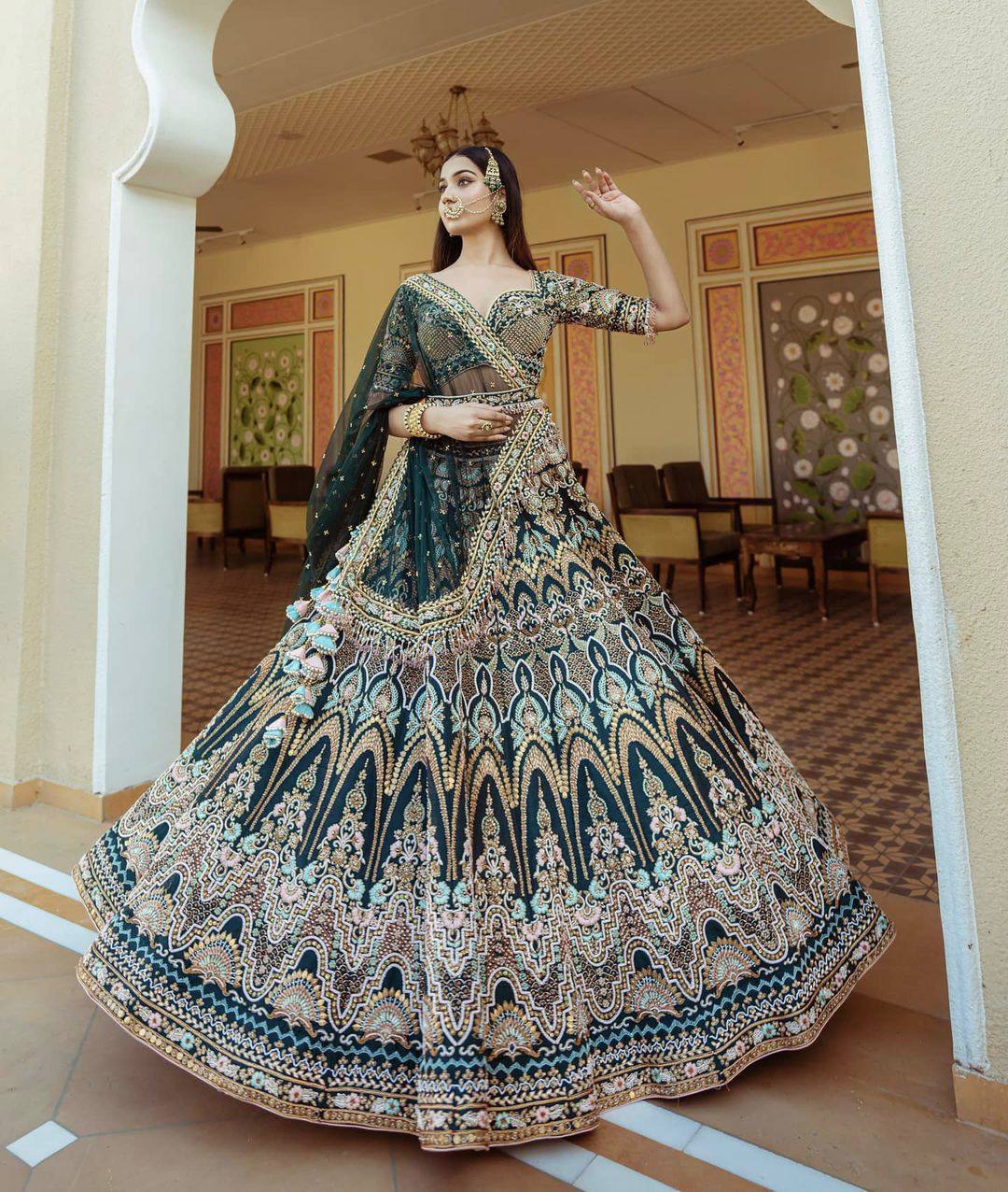 Dirty Green Colour Embroidered Party Wear Silk Lehenga choli  SD 534