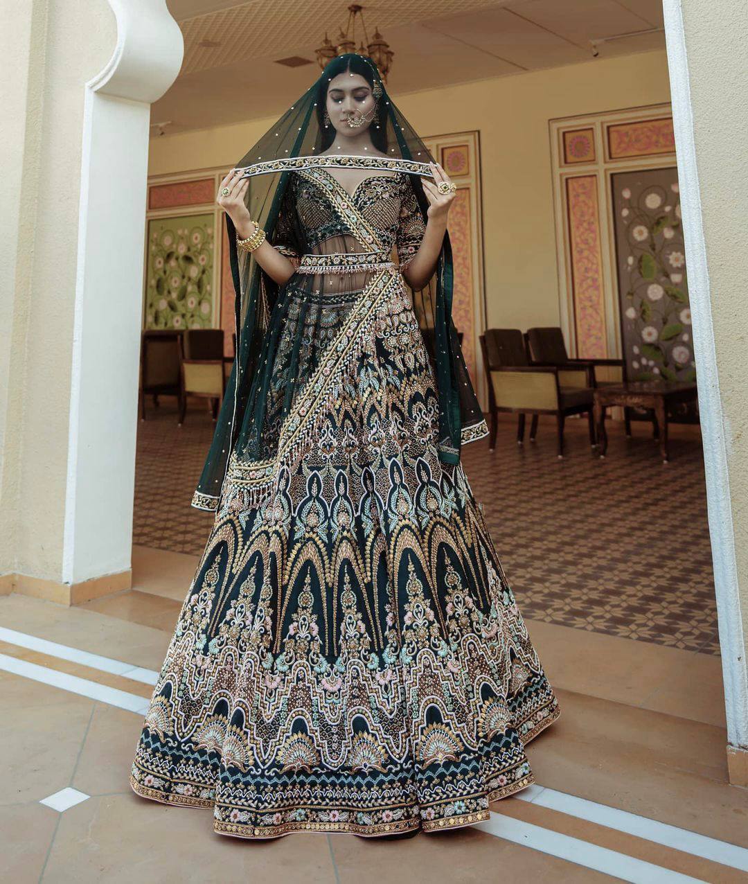 Dirty Green Colour Embroidered Party Wear Silk Lehenga choli  SD 534